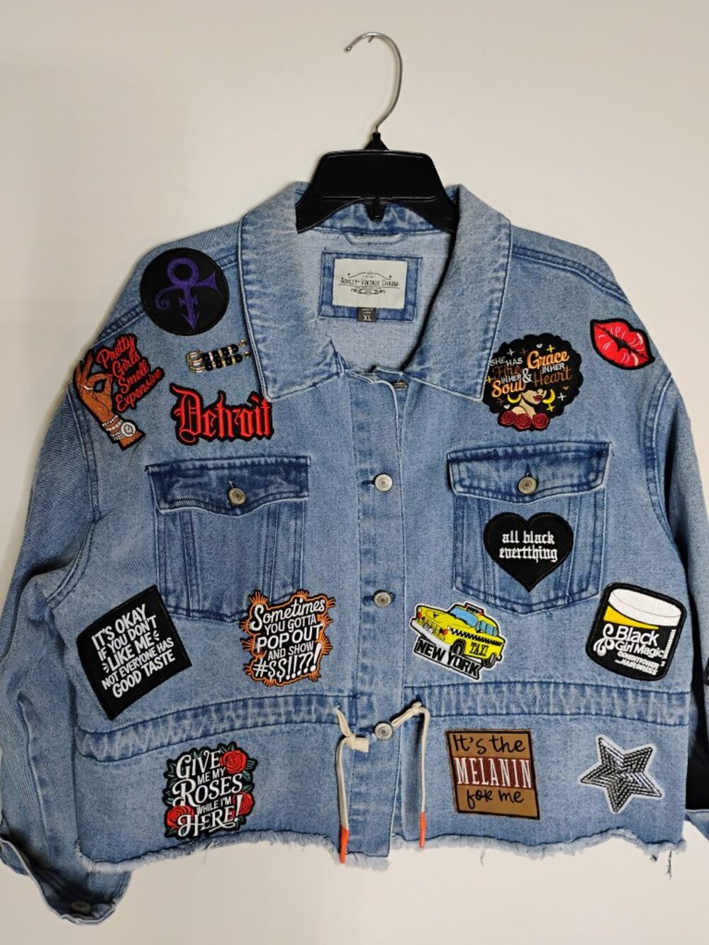 Cropped Denim Junk Jacket XL - Black women patches